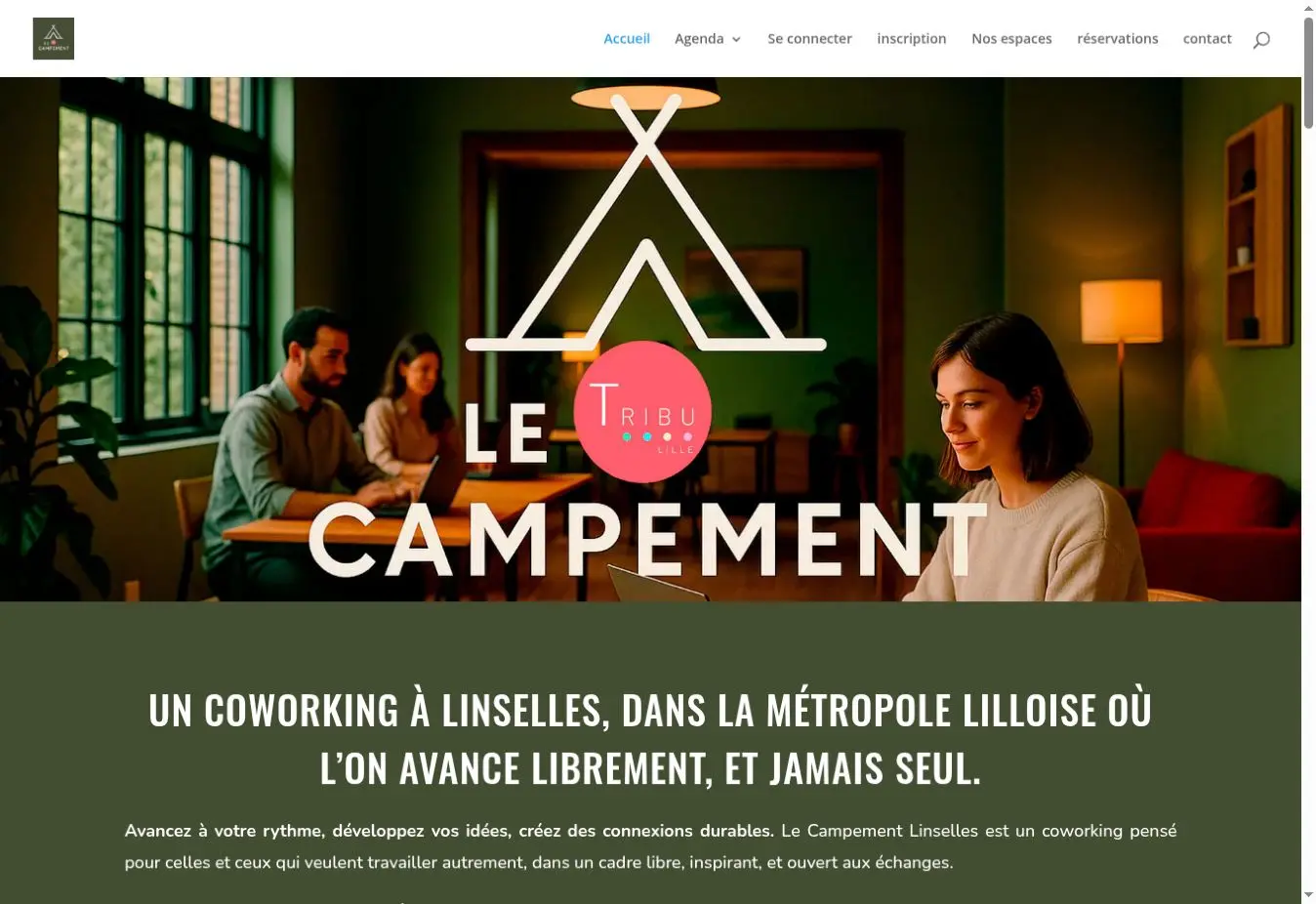 Capture de la page d’accueil du coworking Le Campement à Linselles