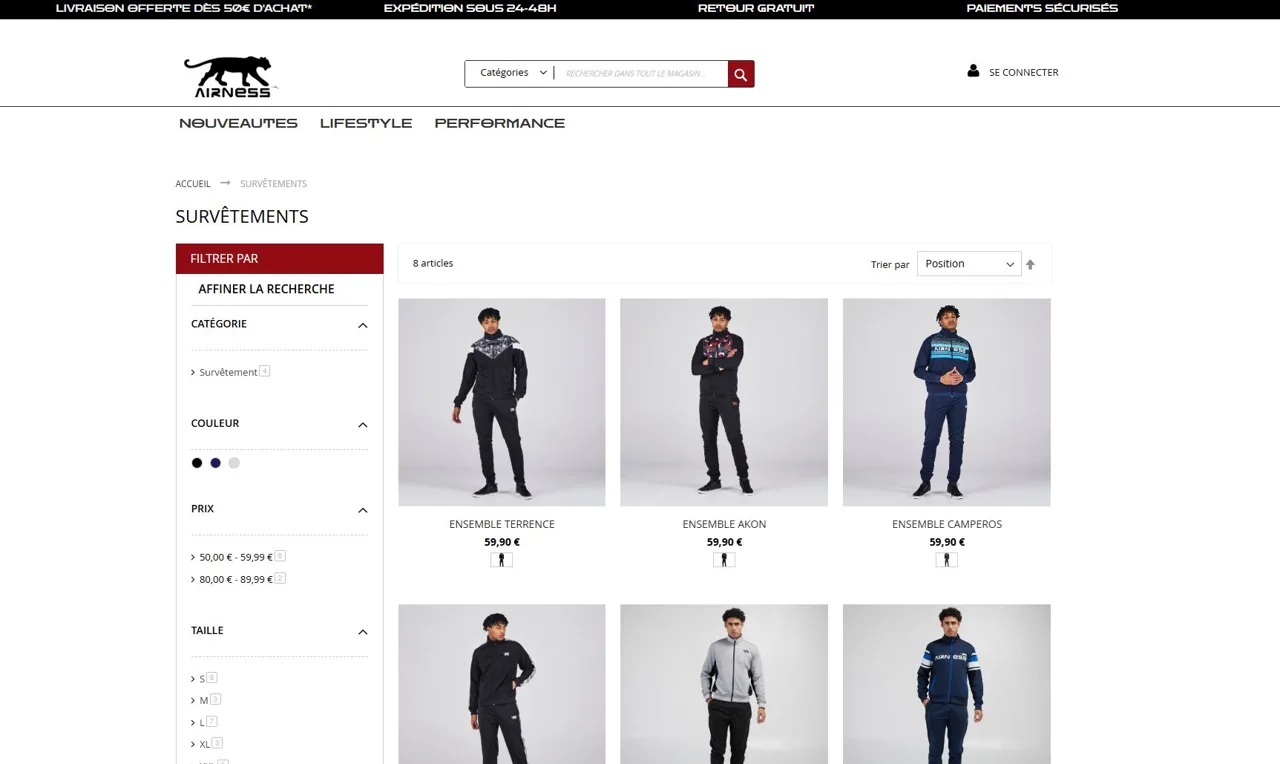 Capture du catalogue Airness : survêtements, prix, filtres de couleur, de prix et de taille