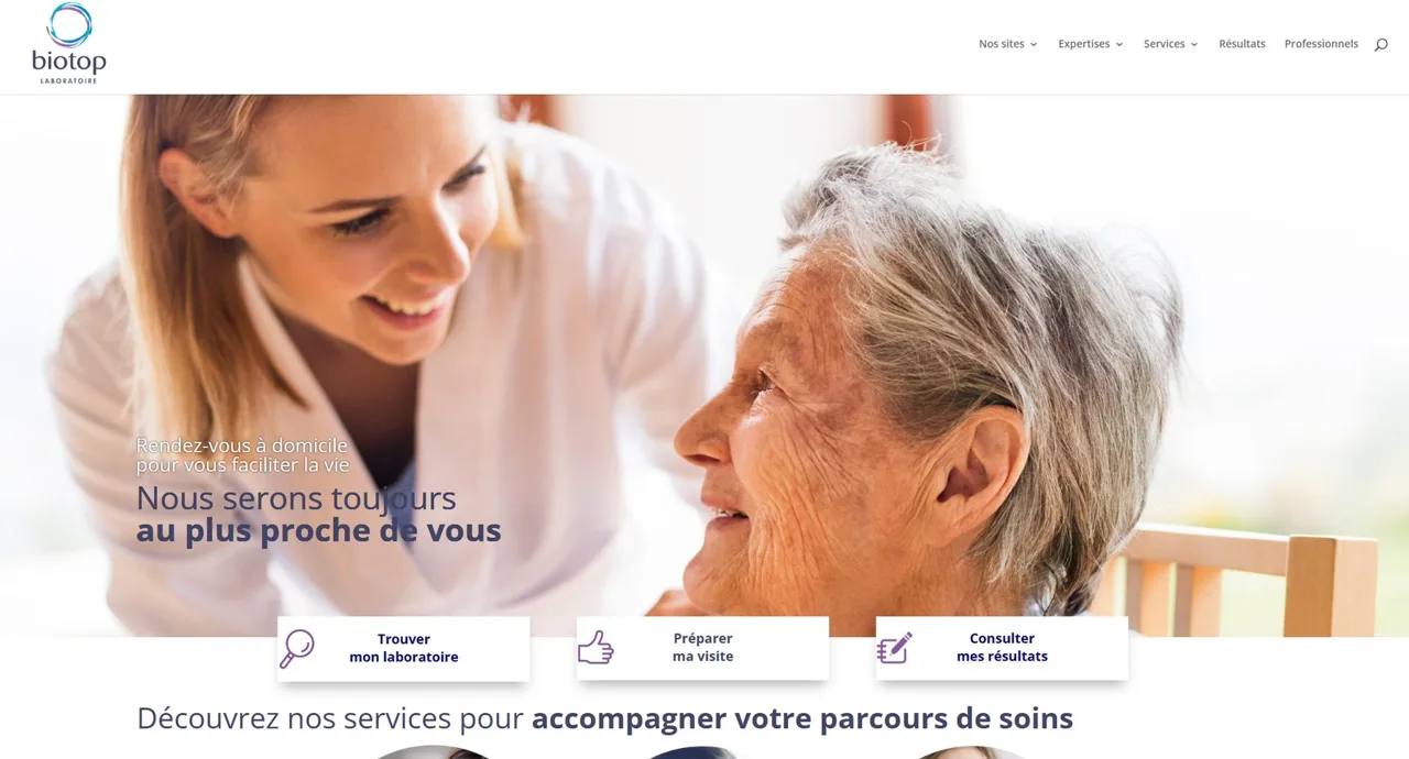 Le site des Laboratoires Biotop, avec les accès pour trouver un laboratoire, préparer sa visite et consulter ses résultats