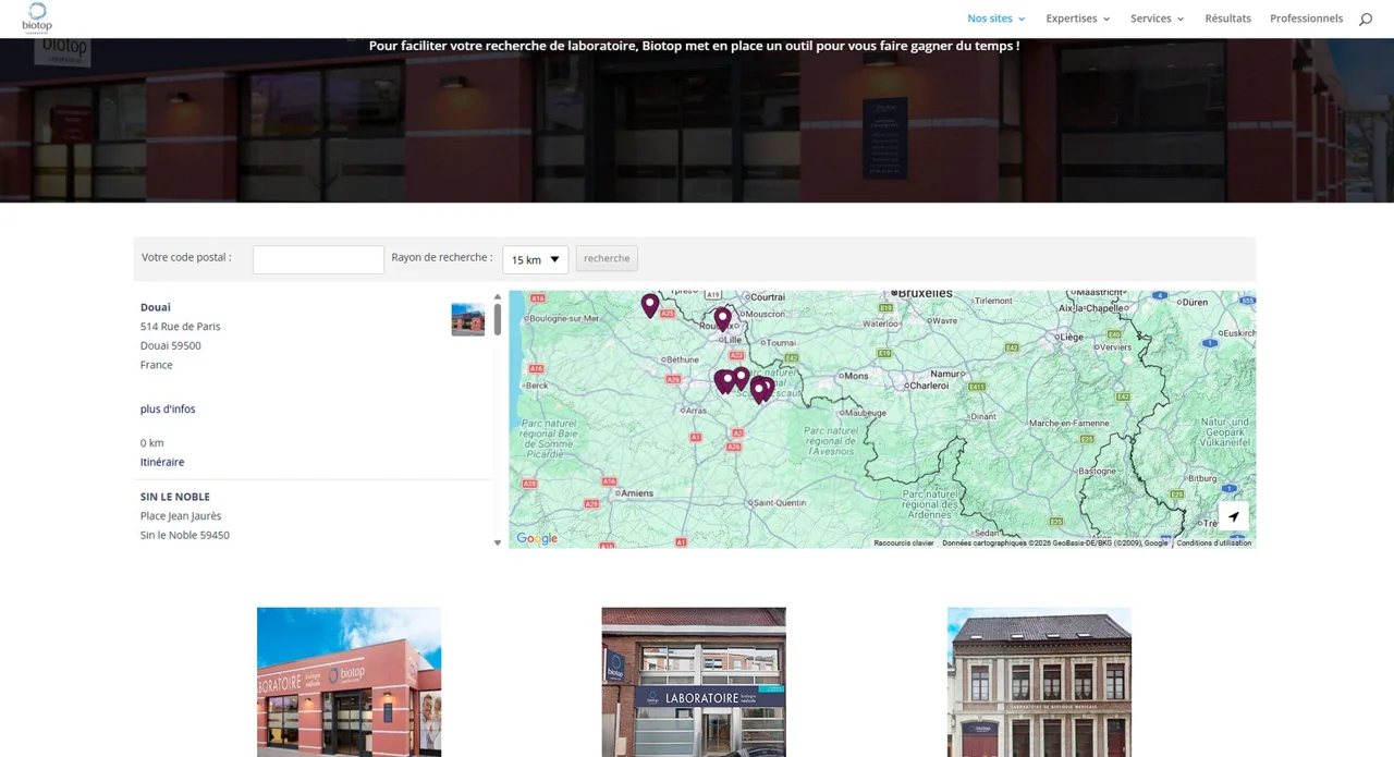 La recherche de laboratoire Biotop par code postal avec carte et liste des établissements